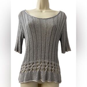 DaLYA Collection Silver Knit Top Open Weave 100% Viscose Lightweight Sweater M/L